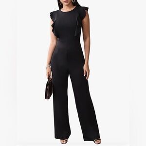 Womens Jumpsuits Romper Crew Neck Ruffle Sleeve High Waist